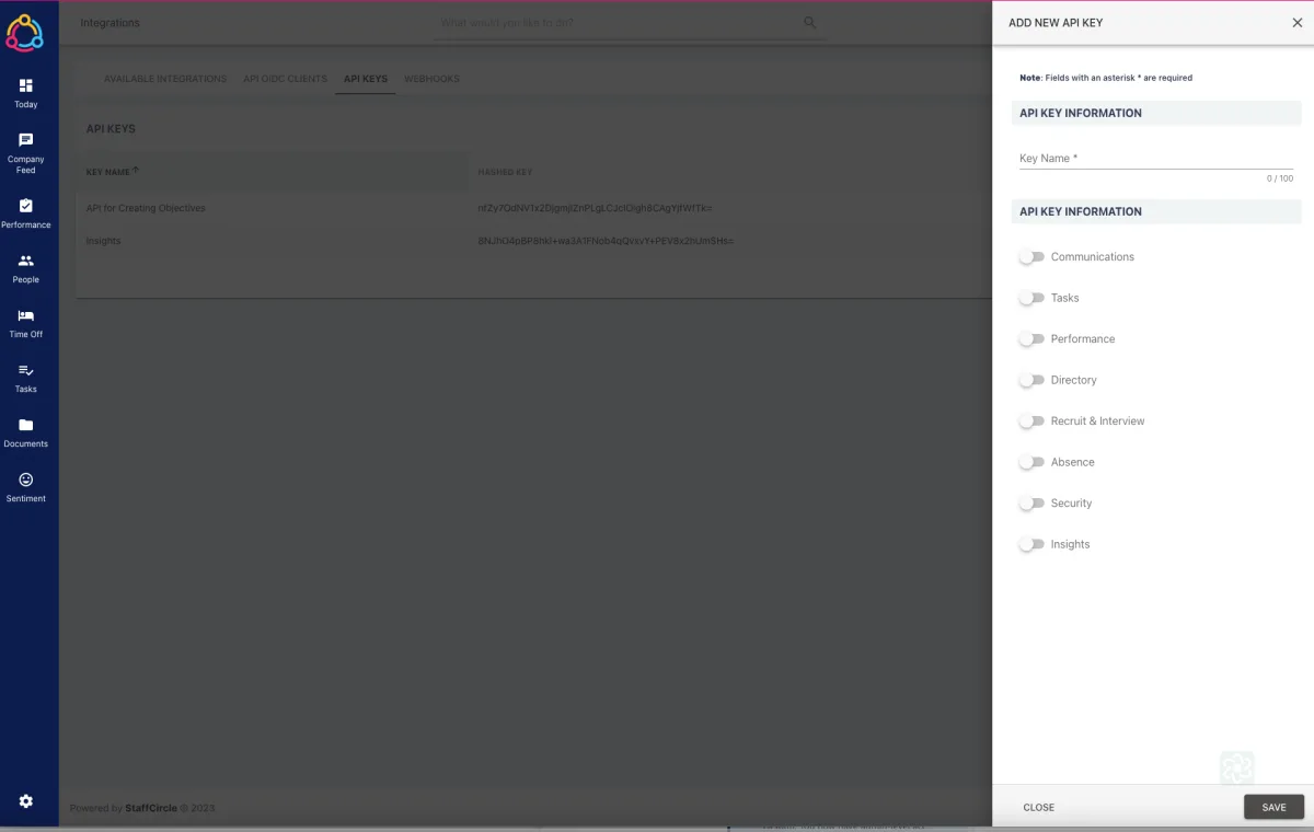 Screenshot from the StaffCircle platform: 3.1 API Key