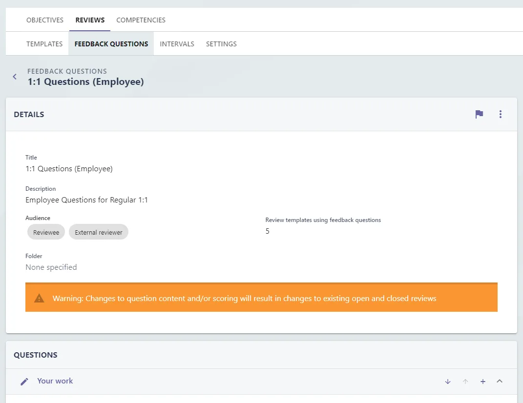 Screenshot from the StaffCircle platform: Creating Feedback Questions
