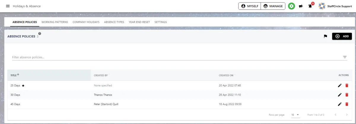 Screenshot from the StaffCircle platform: Absence Policies: Add