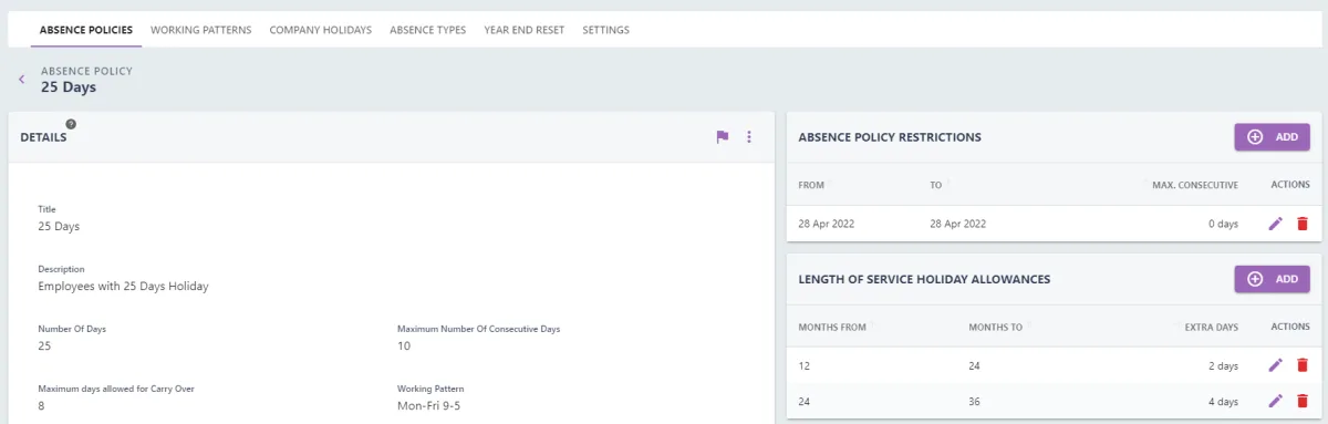 Screenshot from the StaffCircle platform: Absence Policies: Configure