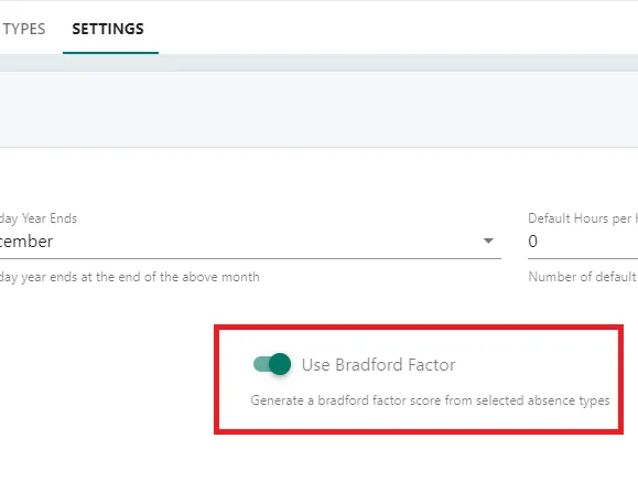 Screenshot from the StaffCircle platform: Absence Settings: Bradford Factor