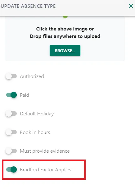 Screenshot from the StaffCircle platform: Absence Settings: Bradford Factor