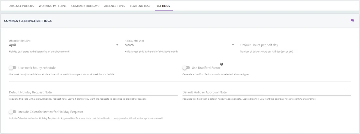 Screenshot from the StaffCircle platform: Absence Settings: Company Settings