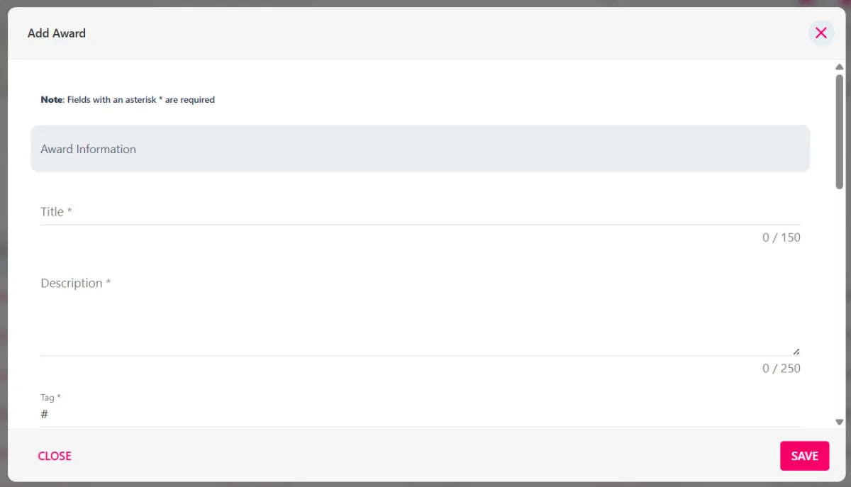 Screenshot from the StaffCircle platform: Add an Award
