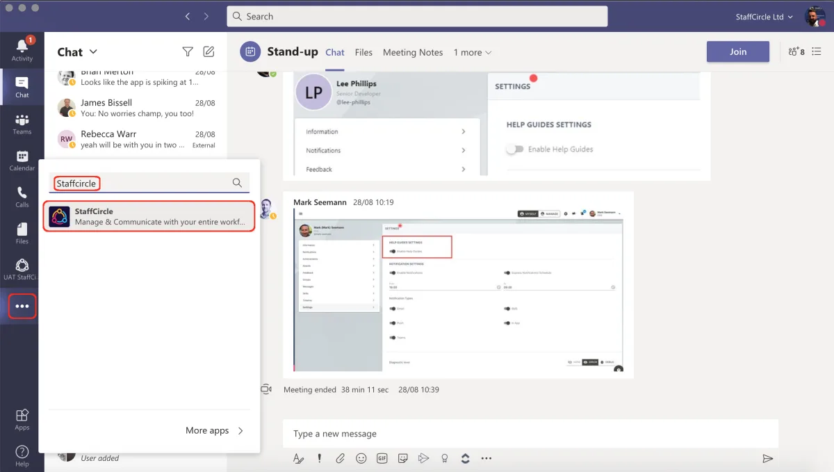 Screenshot from the StaffCircle platform: Add Microsoft Teams Integration - End User