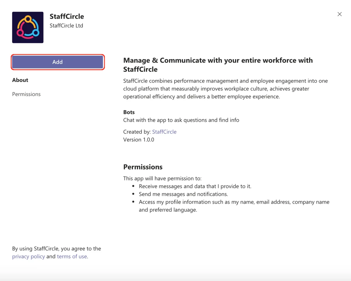 Screenshot from the StaffCircle platform: Add Microsoft Teams Integration - End User
