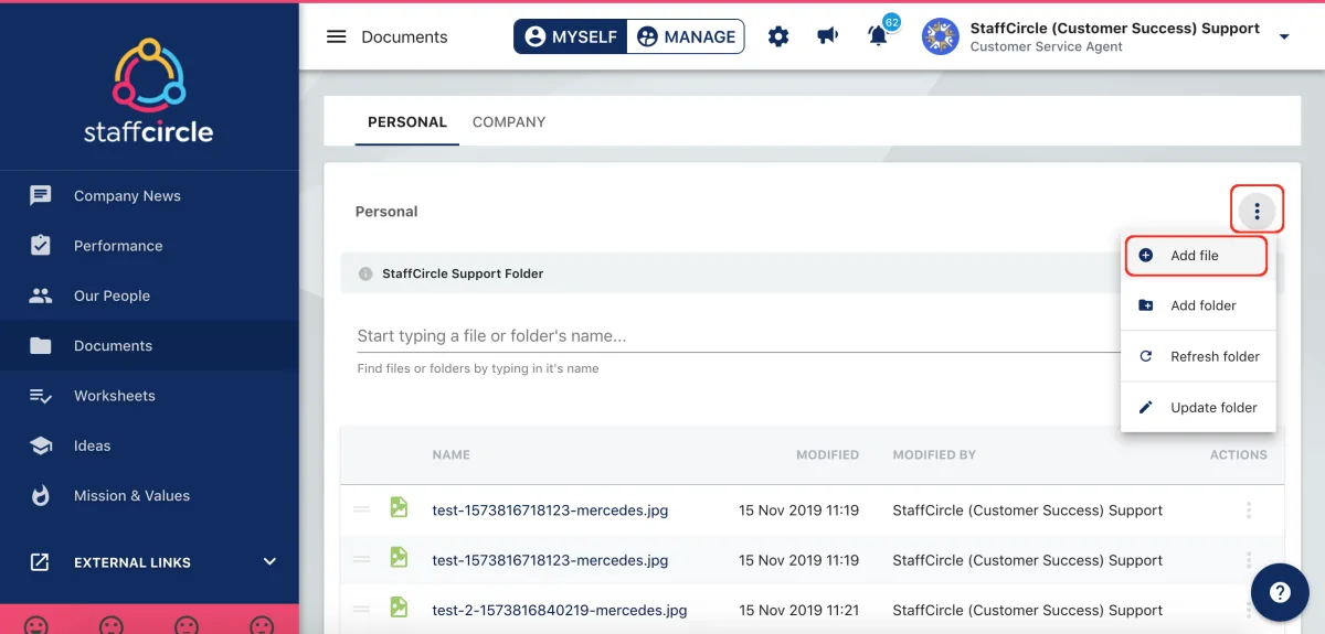Screenshot from the StaffCircle platform: Adding a folder and file to Documents