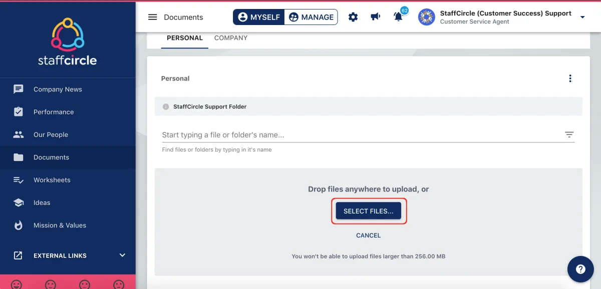 Screenshot from the StaffCircle platform: Adding a folder and file to Documents