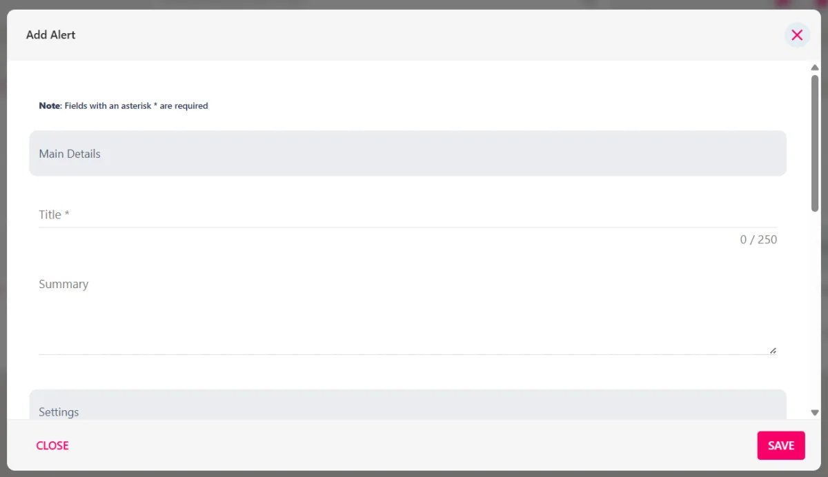 Screenshot from the StaffCircle platform: Alerts: Add