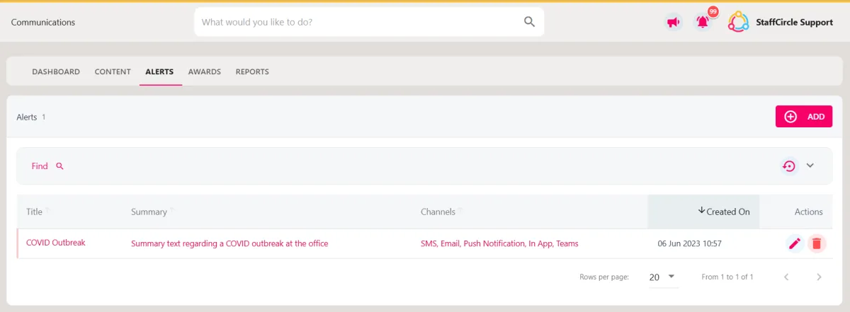 Screenshot from the StaffCircle platform: Alerts: Configure