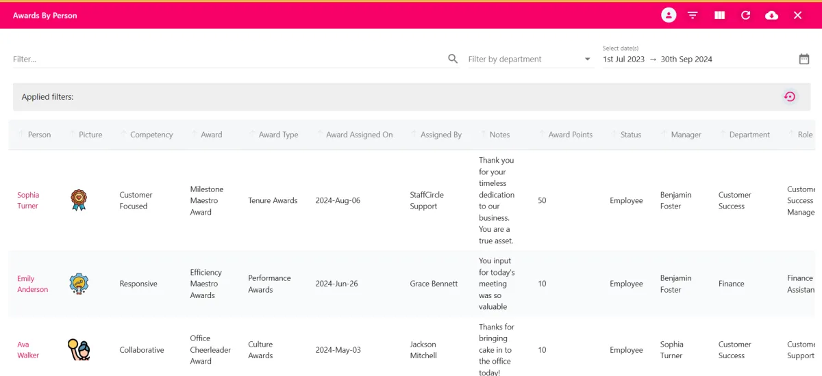 Screenshot from the StaffCircle platform: Awards by Person Report