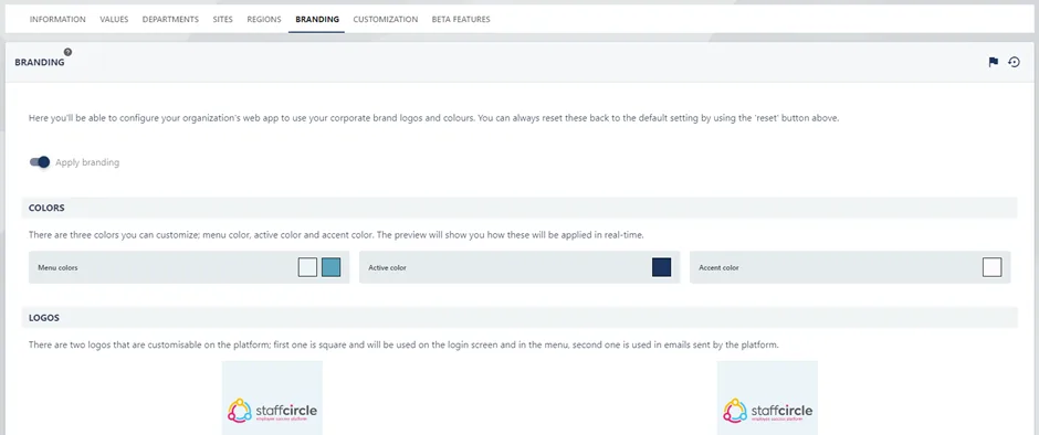 Screenshot from the StaffCircle platform: Branding: Overview
