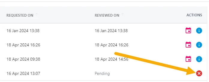 Screenshot from the StaffCircle platform: Can I cancel my holiday?