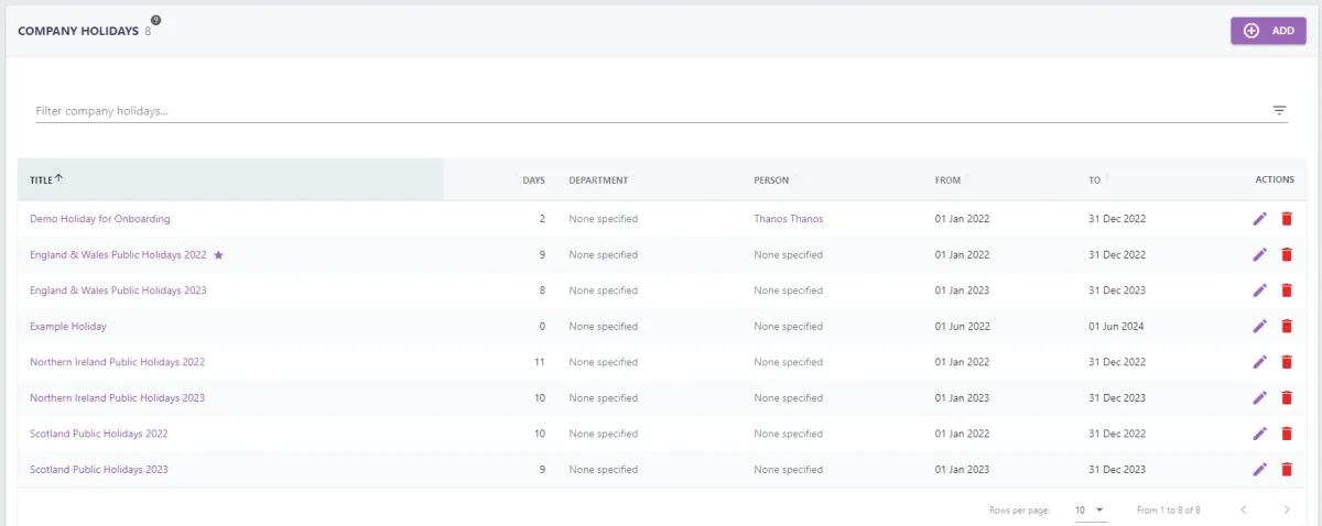 Screenshot from the StaffCircle platform: Company Holidays: Add