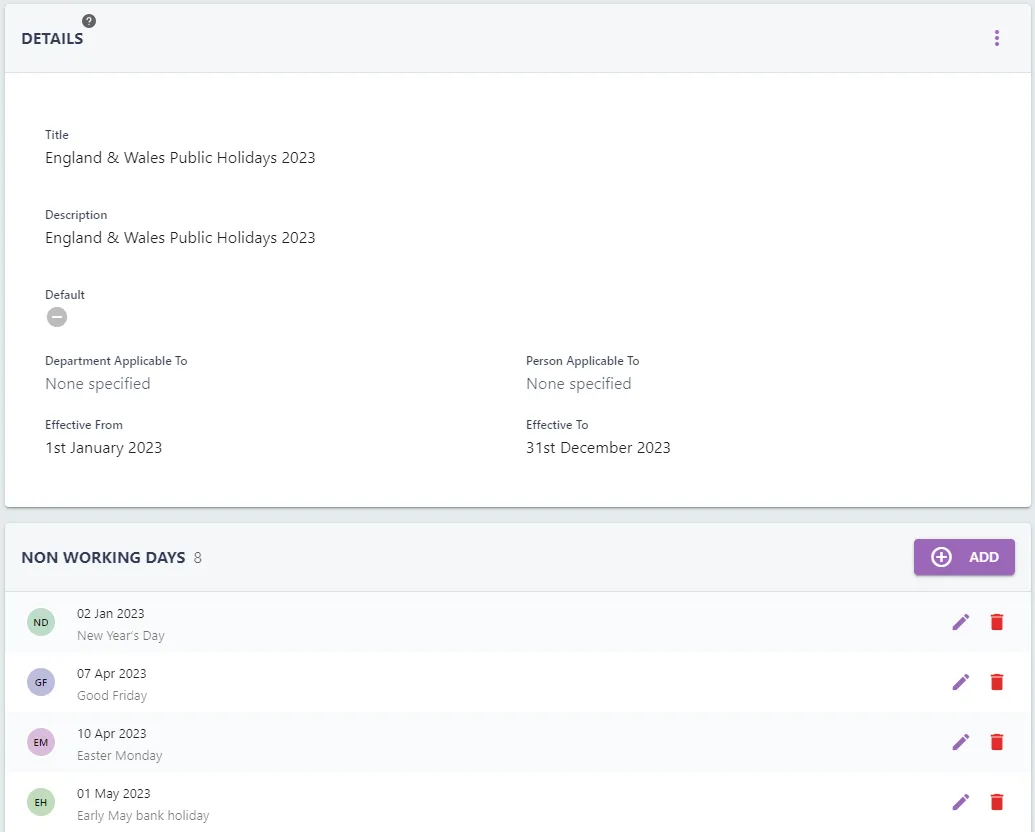 Screenshot from the StaffCircle platform: Company Holidays: Overview