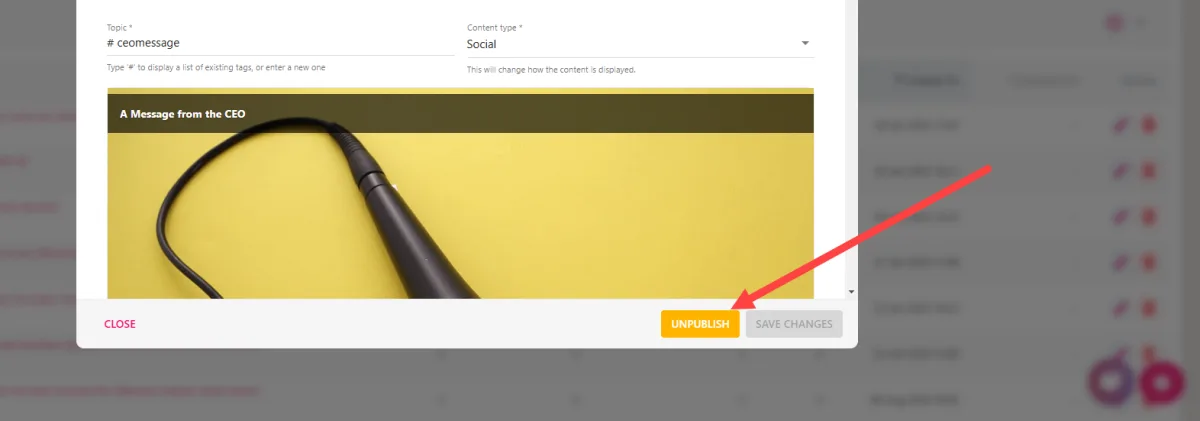 Screenshot from the StaffCircle platform: Content: Delete/Unpublish