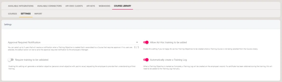Screenshot from the StaffCircle platform: Courses: Course Library Settings