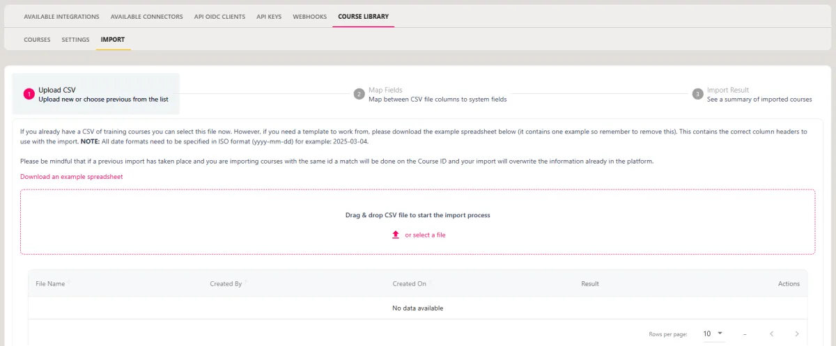 Screenshot from the StaffCircle platform: Courses: Importer
