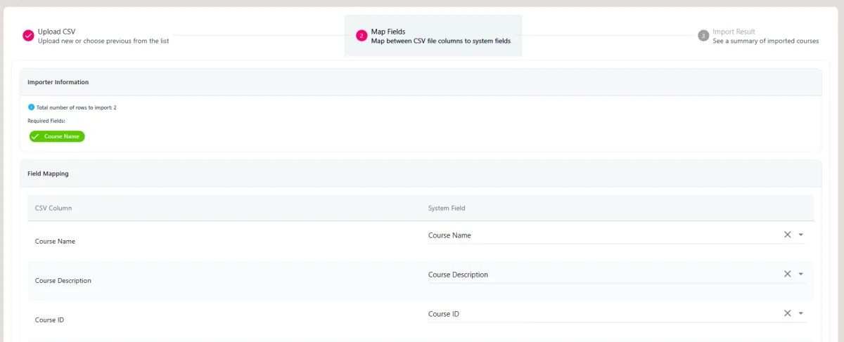 Screenshot from the StaffCircle platform: Courses: Importer