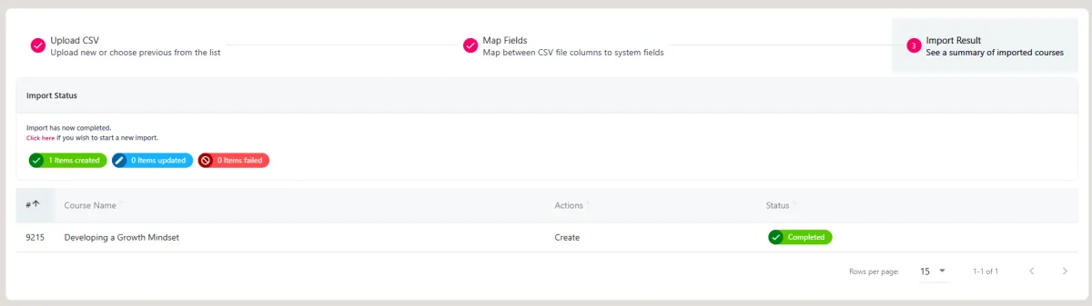 Screenshot from the StaffCircle platform: Courses: Importer