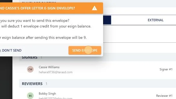Screenshot from the StaffCircle platform: Create & Send E-Sign Envelope
