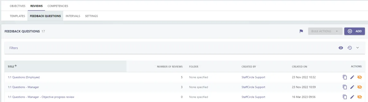Screenshot from the StaffCircle platform: Creating Feedback Questions