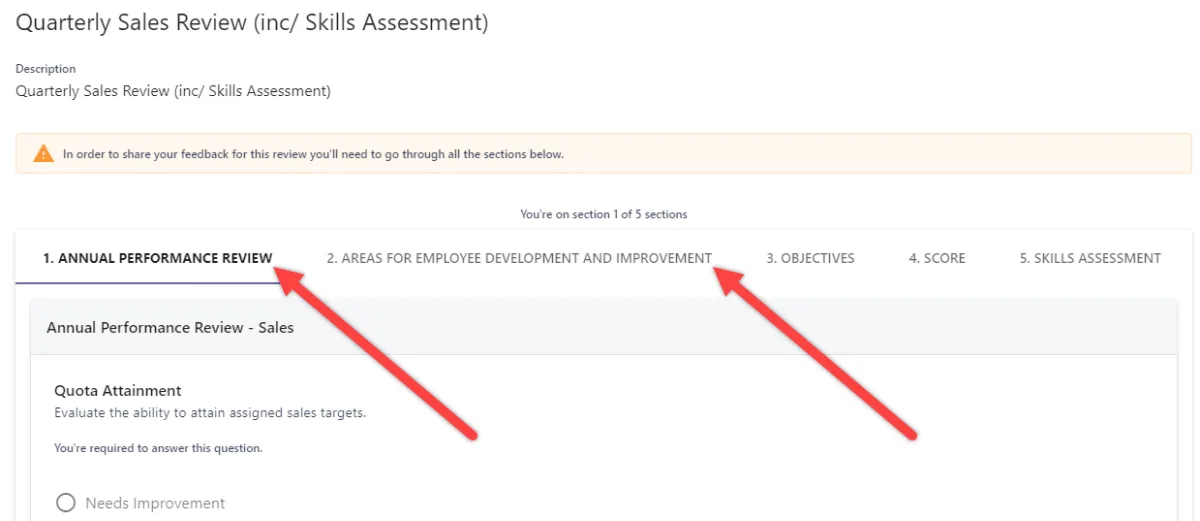 Screenshot from the StaffCircle platform: Creating Feedback Questions