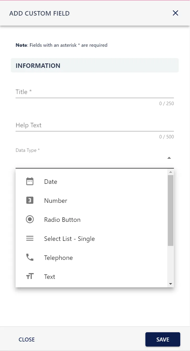 Screenshot from the StaffCircle platform: Custom Fields: Add