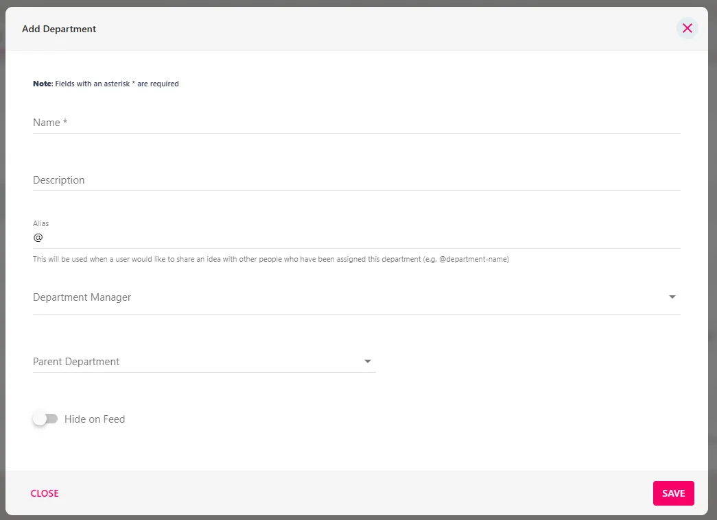 Screenshot from the StaffCircle platform: Departments: Add