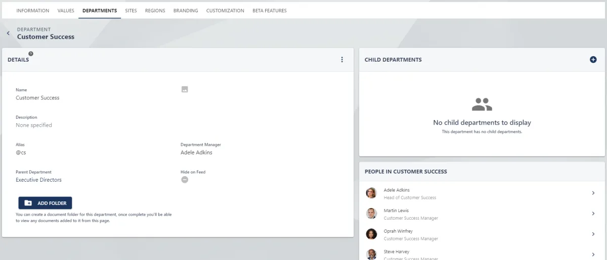 Screenshot from the StaffCircle platform: Departments: Child Departments