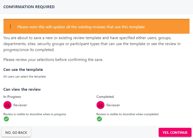 StaffCircle screenshot: Downline Review Visibility Confirmation Modal Qj0