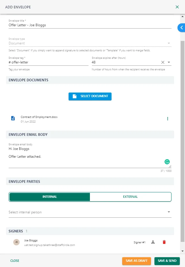 Screenshot from the StaffCircle platform: E-Sign v.1.26.0
