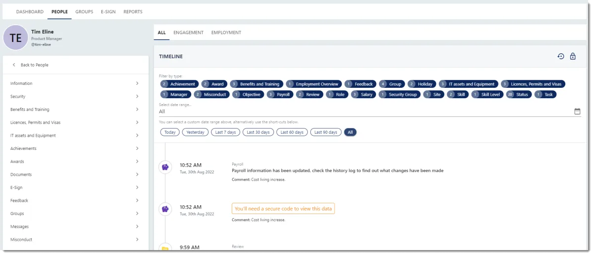 Screenshot from the StaffCircle platform: Employee Timeline v.1.27.0