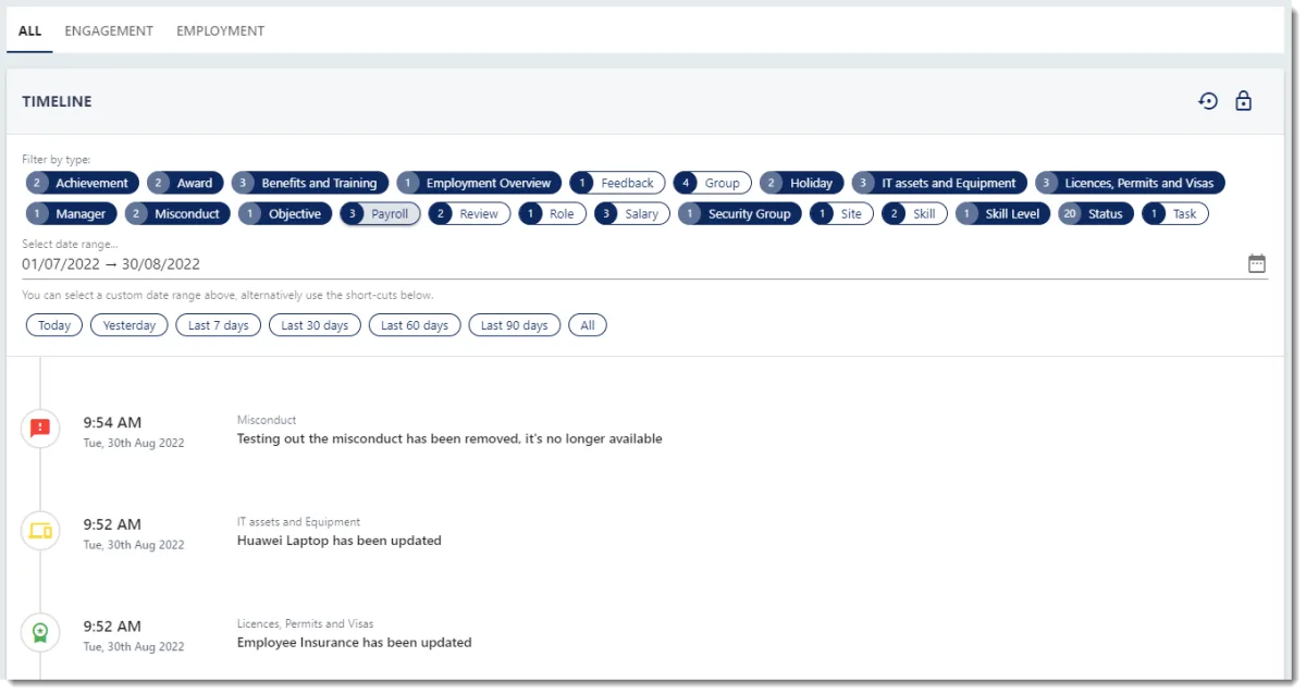 Screenshot from the StaffCircle platform: Employee Timeline v.1.27.0