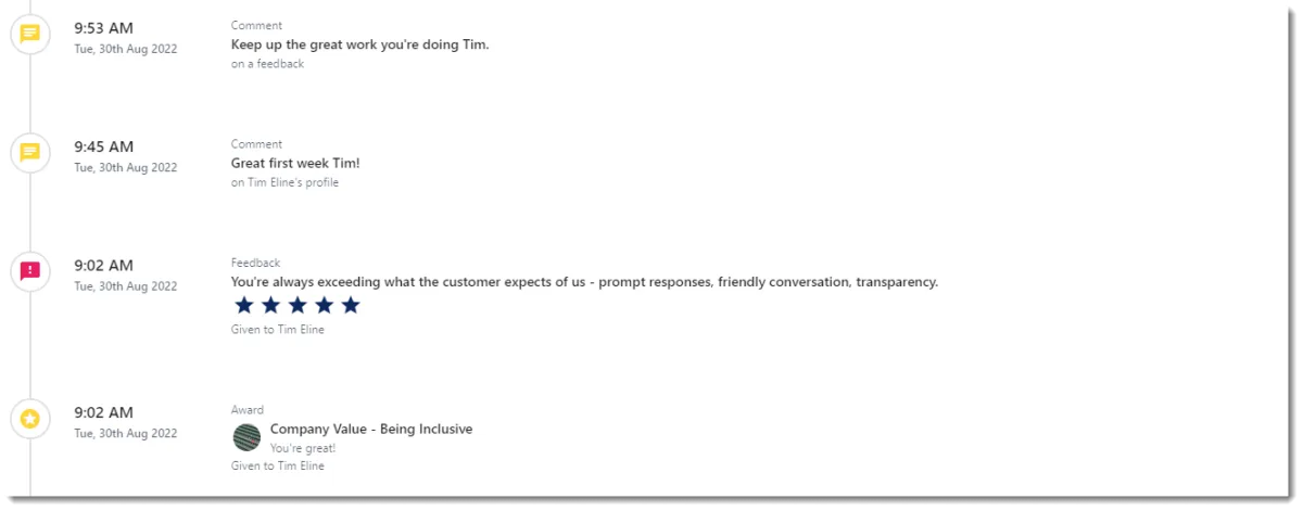 Screenshot from the StaffCircle platform: Employee Timeline v.1.27.0