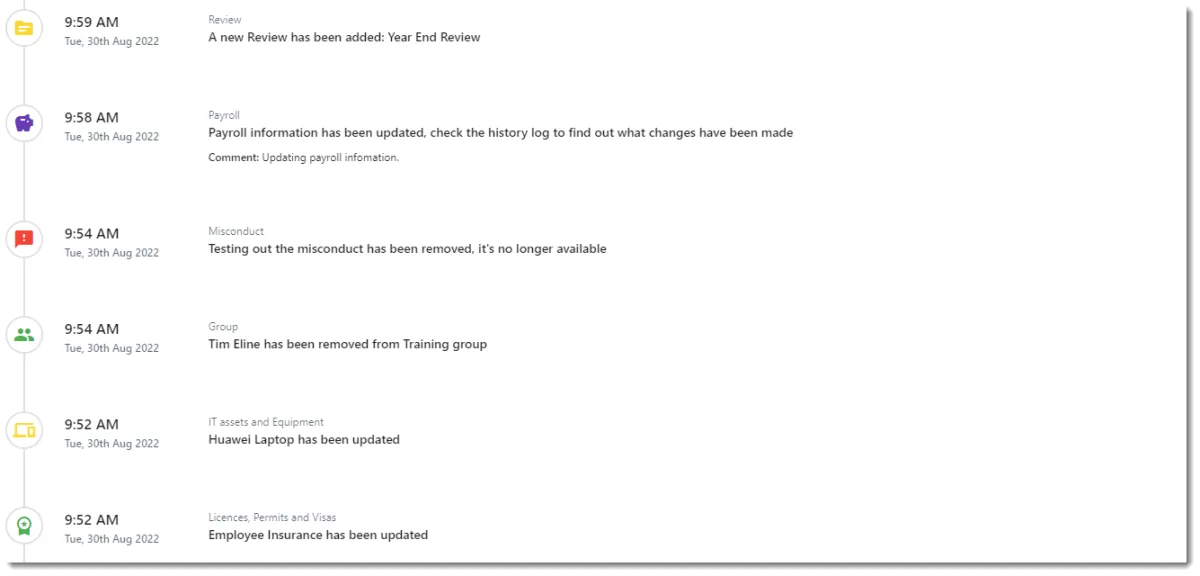 Screenshot from the StaffCircle platform: Employee Timeline v.1.27.0