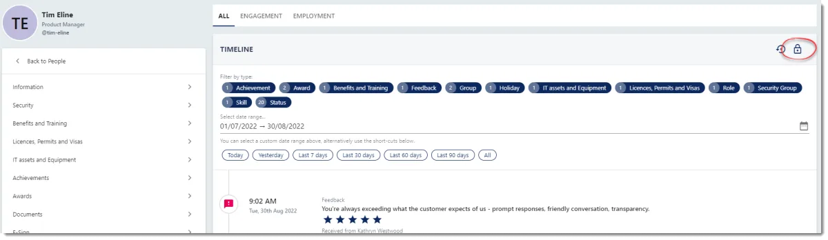 Screenshot from the StaffCircle platform: Employee Timeline v.1.27.0