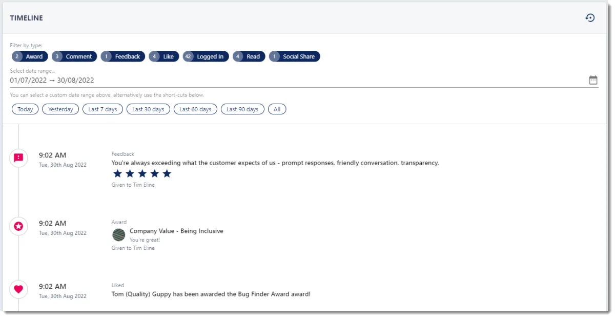 Screenshot from the StaffCircle platform: Employee Timeline v.1.27.0