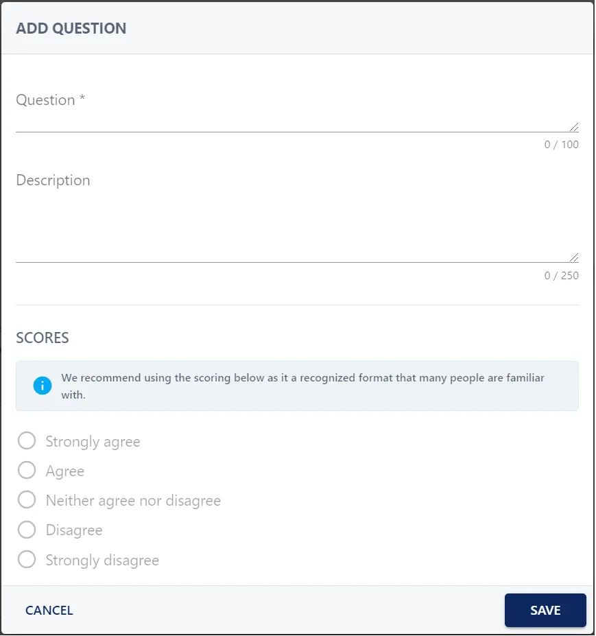 Screenshot from the StaffCircle platform: Engagement Survey Template: Add
