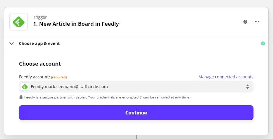 Screenshot from the StaffCircle platform: Feedly Integration with StaffCircle through Zapier