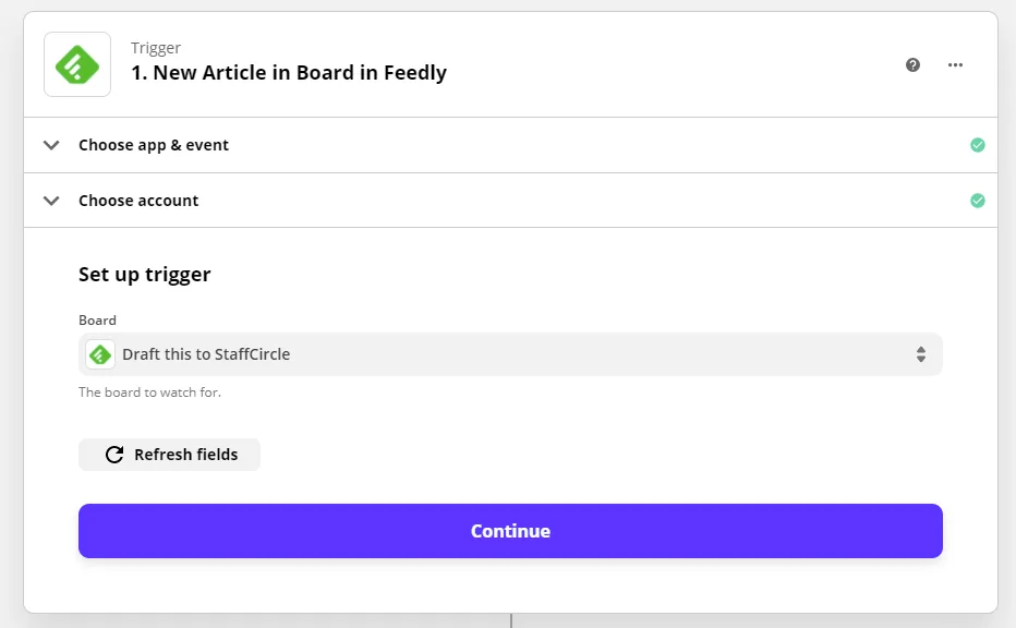 Screenshot from the StaffCircle platform: Feedly Integration with StaffCircle through Zapier