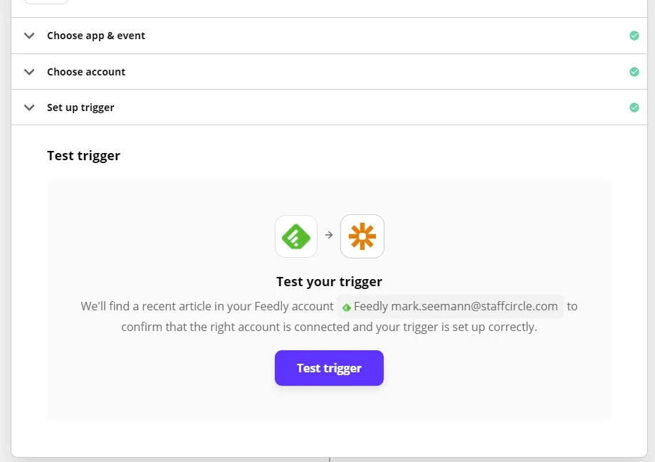 Screenshot from the StaffCircle platform: Feedly Integration with StaffCircle through Zapier