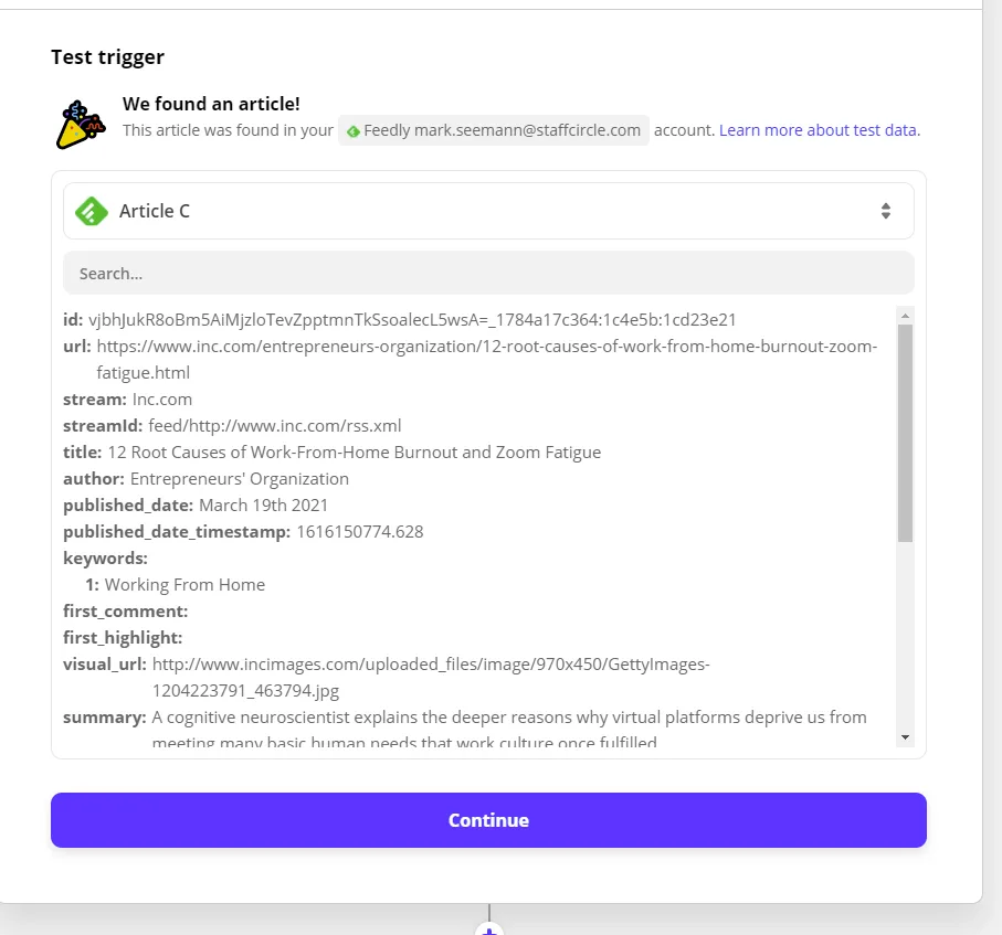 Screenshot from the StaffCircle platform: Feedly Integration with StaffCircle through Zapier