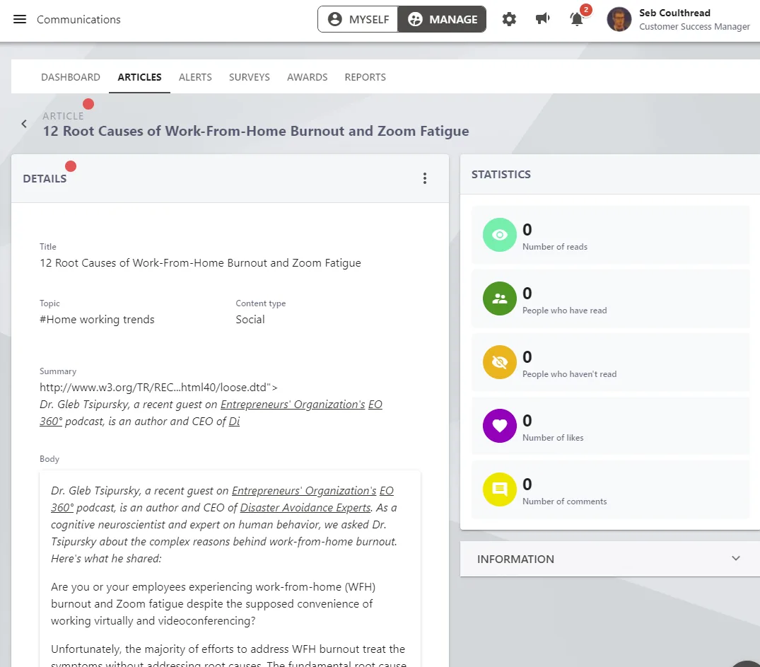 Screenshot from the StaffCircle platform: Feedly Integration with StaffCircle through Zapier