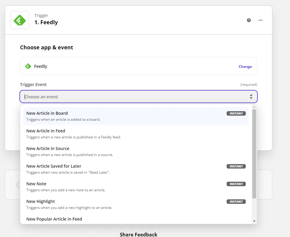Screenshot from the StaffCircle platform: Feedly Integration with StaffCircle through Zapier