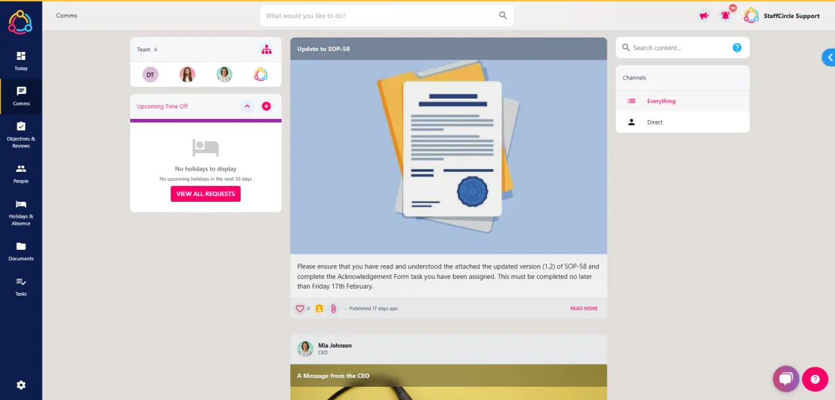 Screenshot from the StaffCircle platform: Feeds and Channels: Overview