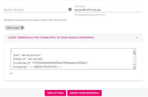 Screenshot from the StaffCircle platform: Google SSO v.1.29.0