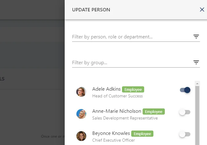 Screenshot from the StaffCircle platform: Groups: Assign a Person