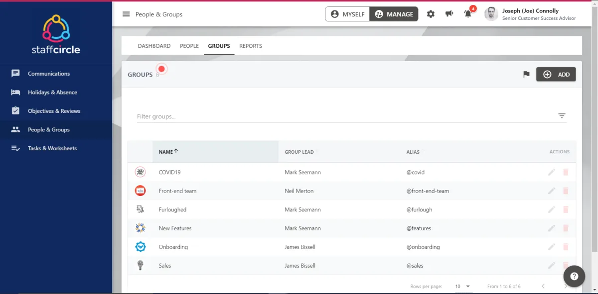 Screenshot from the StaffCircle platform: Groups: Overview