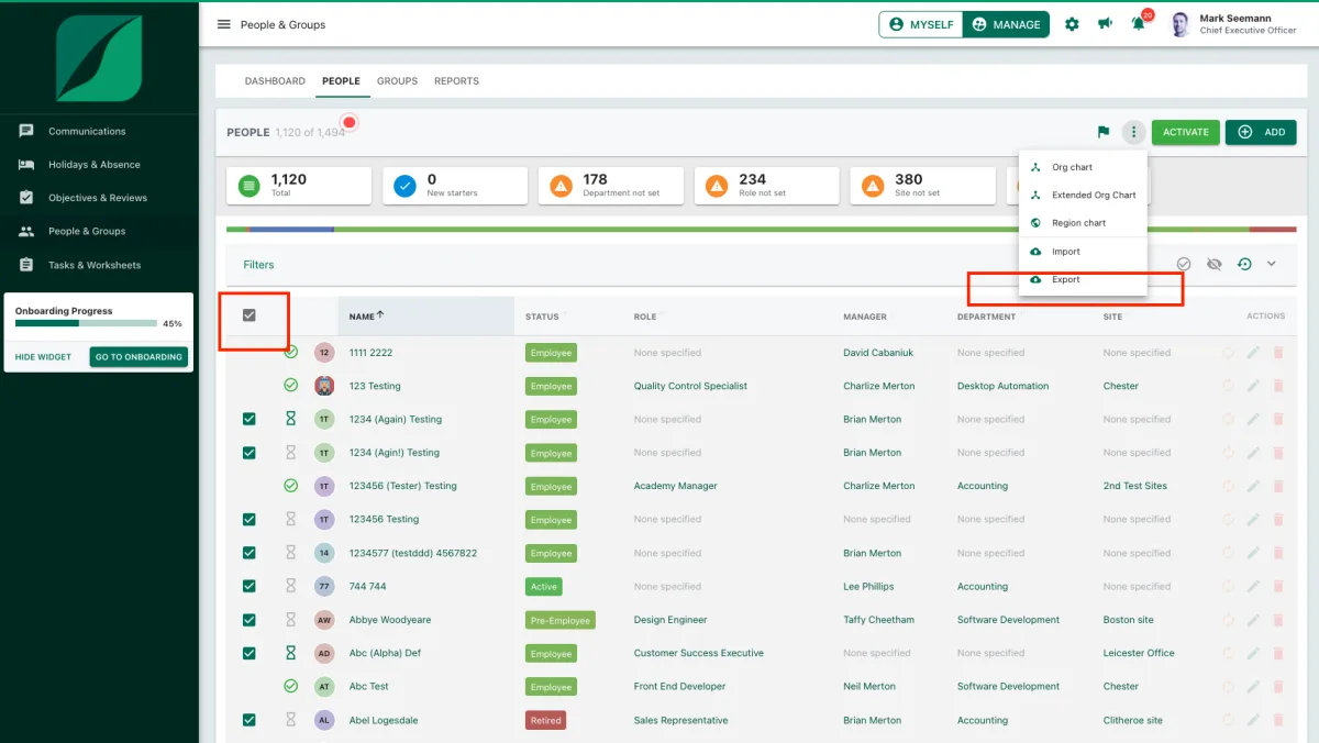 Screenshot from the StaffCircle platform: How can I download a list of employees?